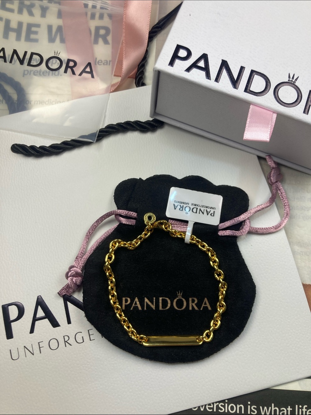 Pandora Gold Chain ID Bracelet with Pink Cord Pouch